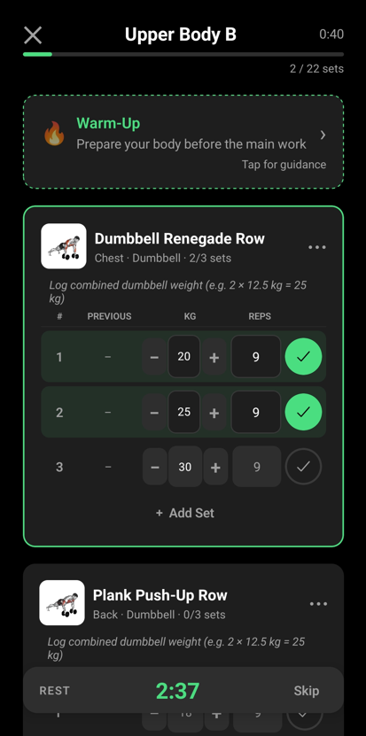 Active workout screen with set logging and rest timer