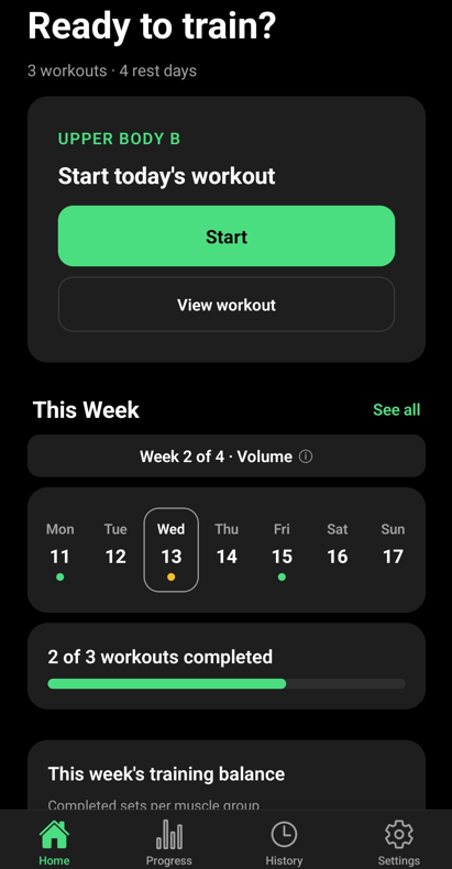 Vire app home screen showing today's workout and weekly training plan