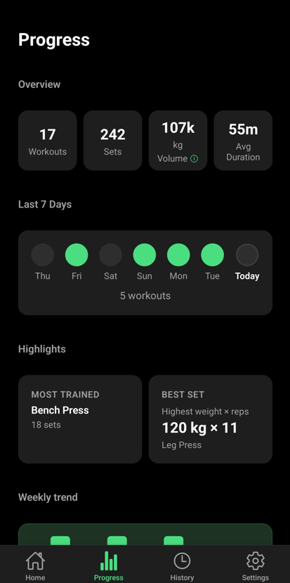 Progress overview showing workout stats and weekly trends
