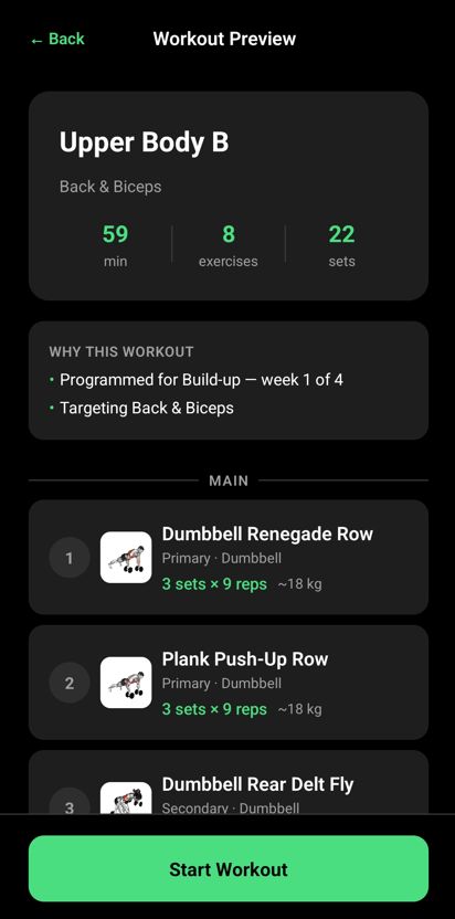 Workout preview showing exercises, sets, and estimated weights